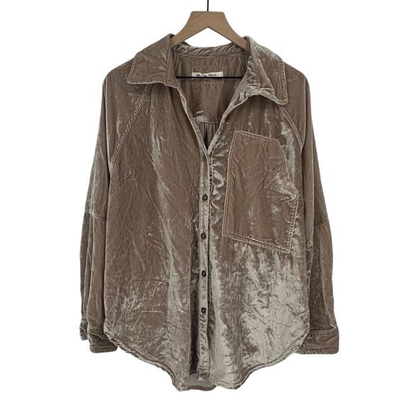 Free People Night Skies Velvet Top Medium Mushroom Button Down Oversized - Picture 3 of 10